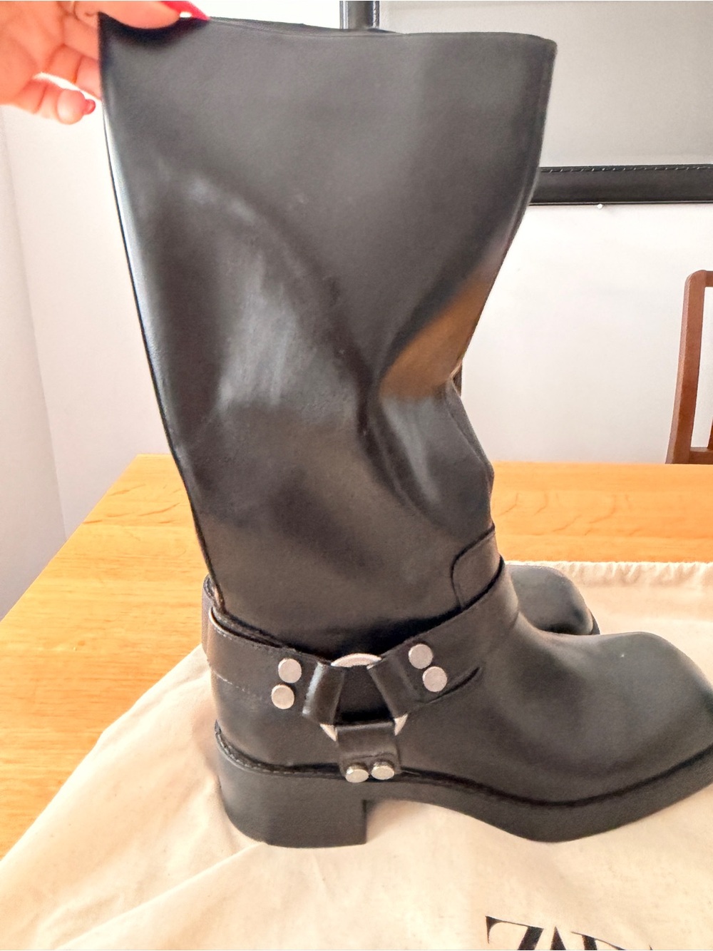 Zara Black Leather Mid-Calf Harness Boots with Silver Studs